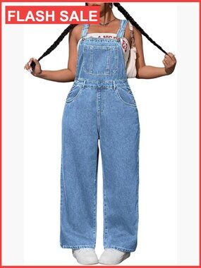 Plus Size Denim Overall Jumpsuit with Pockets Sleeveless Straight Leg